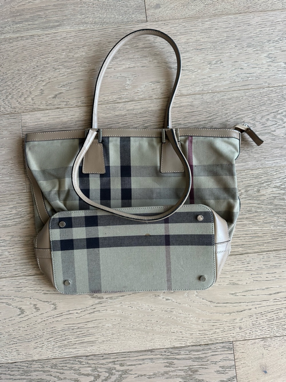 Burberry Tan and Black Check Canvas Tote with Leather Trim - Picture 2 of 5